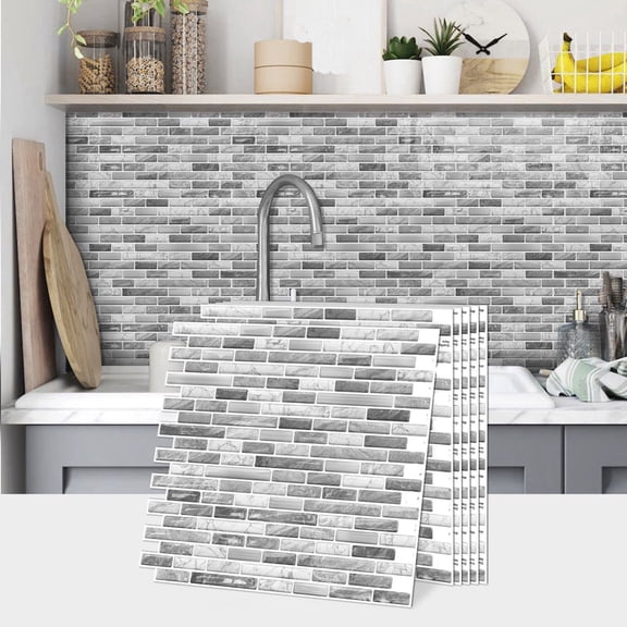 5 Pcs Waterproof Peel and Stick Tiles Stickers Wall Decals 12" x 12" Gray Marbing Mosaic Brick Pattern DIY Decor Kitchen Backsplash Sticker