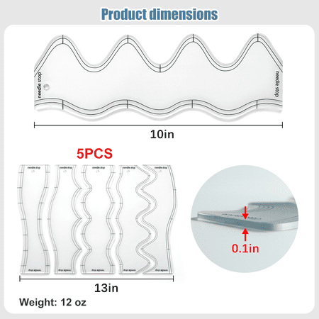 5 Pcs Wave Quilting Ruler Set – 10.2 Inch Acrylic Templates with 6 Wavelengths – Professional Free-Motion Rulers for Machine Sewing, Patchwork, and Precision Craft Stencils