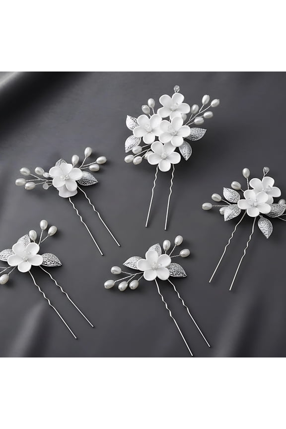 5 Pcs Wedding Hair Pins Bridal Hair Accessories with White Flower Pearl Rhinestone, Handmade Acrylic Flower Hair Clips for Brides Bridesmaids Wedding Hair Pieces