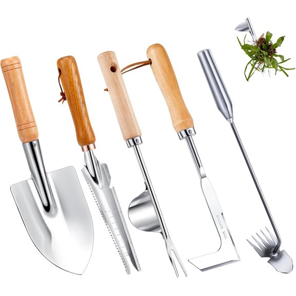 5 Pcs Weed Puller Set Include Dandelion Fork Weeding Knife Tool Hand Trowel 5 Teeth Weeding Tool L Shape Gardening Crack Sickle Tool Hoe for Garden Lawn Grass Moss Removal Backyard
