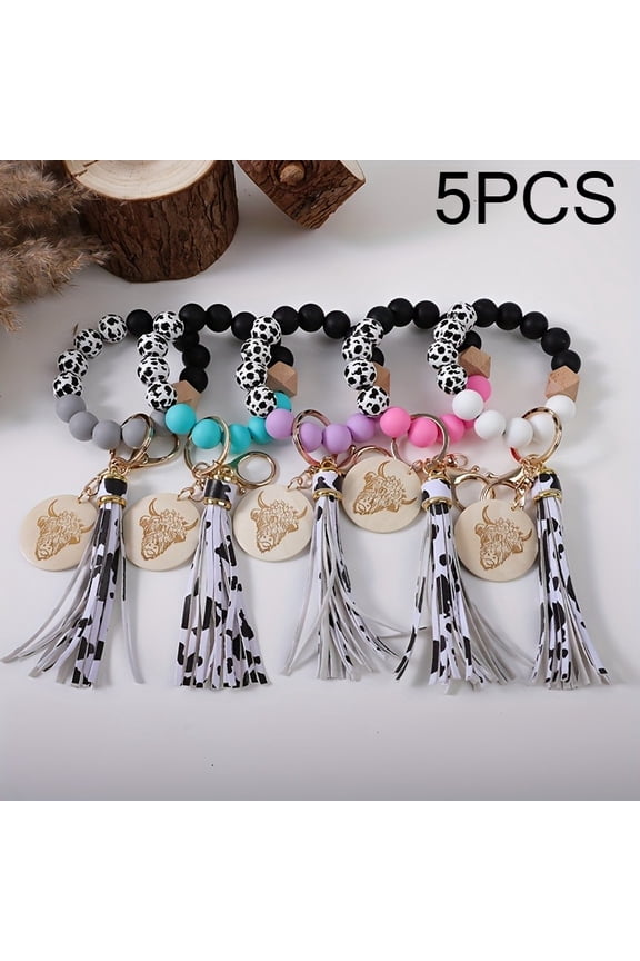 5 Pcs Western Cow Print Beaded Keychain Wristlet with Bull Head Wooden Charm Leopard Print Tassel Key Ring for Women