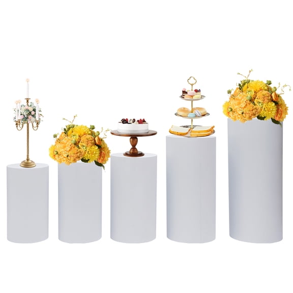 5 Pcs White Metal Cylinder Pedestal Stands Set Heavy Duty 66lbs Load Capacity Wedding Cake Display Stand, Modern Tiered Dessert Table Risers for Party Decor, Baby Shower,Gift or Flower Pillar