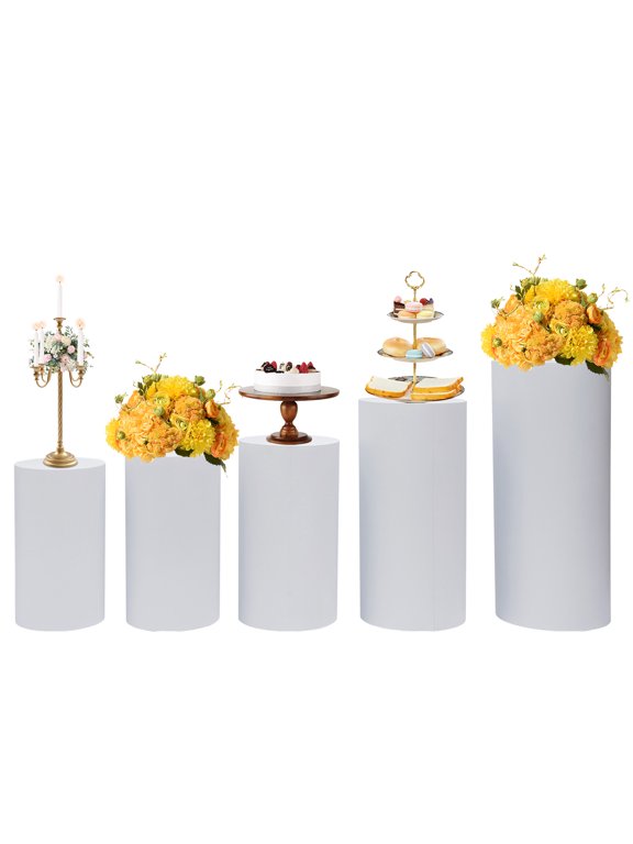 5 Pcs White Metal Cylinder Pedestal Stands Set  Heavy Duty 66lbs Load Capacity Wedding Cake Display Stand, Modern Tiered Dessert Table Risers for Party Decor, Baby Shower,Gift or Flower Pillar