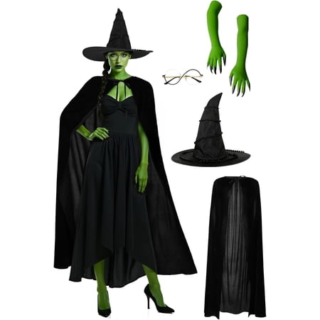 5 Pcs Witch Costume Women Green Witch Movie Cosplay Halloween Witches Hat, Cape, Glasses, Gloves Accessories Set