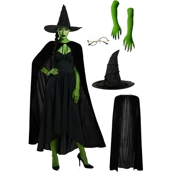 5 Pcs Witch Costume Women Green Witch Movie Cosplay Halloween Witches Hat, Cape, Glasses, Gloves Accessories Set