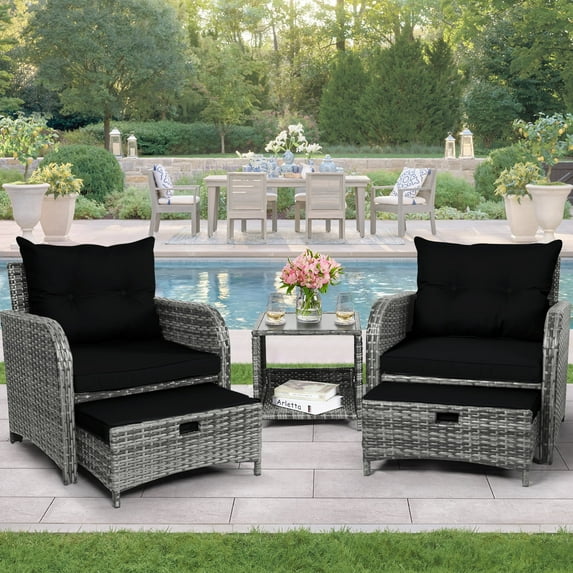 5 Pcs Wicker Outdoor Patio Chairs with Ottoman, PE Wicker Rattan Patio Conversation Furniture Set with Underneath Footrest for Porch, Garden, Balcony and Backyard, Black