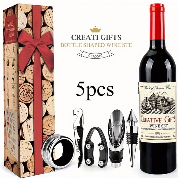 5 Pcs Wine Bottle Opener Set Gift Box Silver Stainless Steel Corkscrew Wine Accessories Kit with Stopper Foil Cutter Pour Spout Drip Stopper for Home Party Wedding Holiday Gift Idea