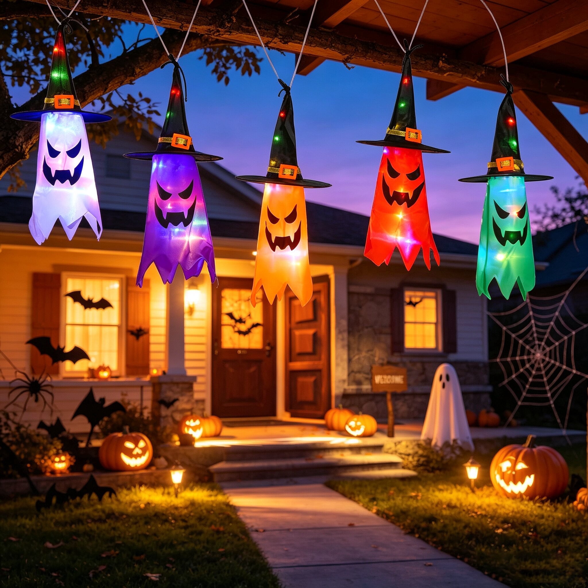 5Pcs Halloween Hanging Witch Hat String Lights, Waterproof LED Halloween Decorations, Battery Operated Colorful Glowing Witch Hat Lights for Yard Tree Porch Gar