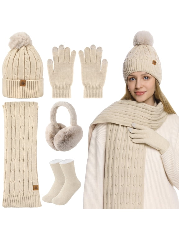 5 Pcs Women Winter Warm Accessories Set, Knit Beanie Hat, Scarf, Touchscreen Gloves, Ear Muffs, and Warm Socks