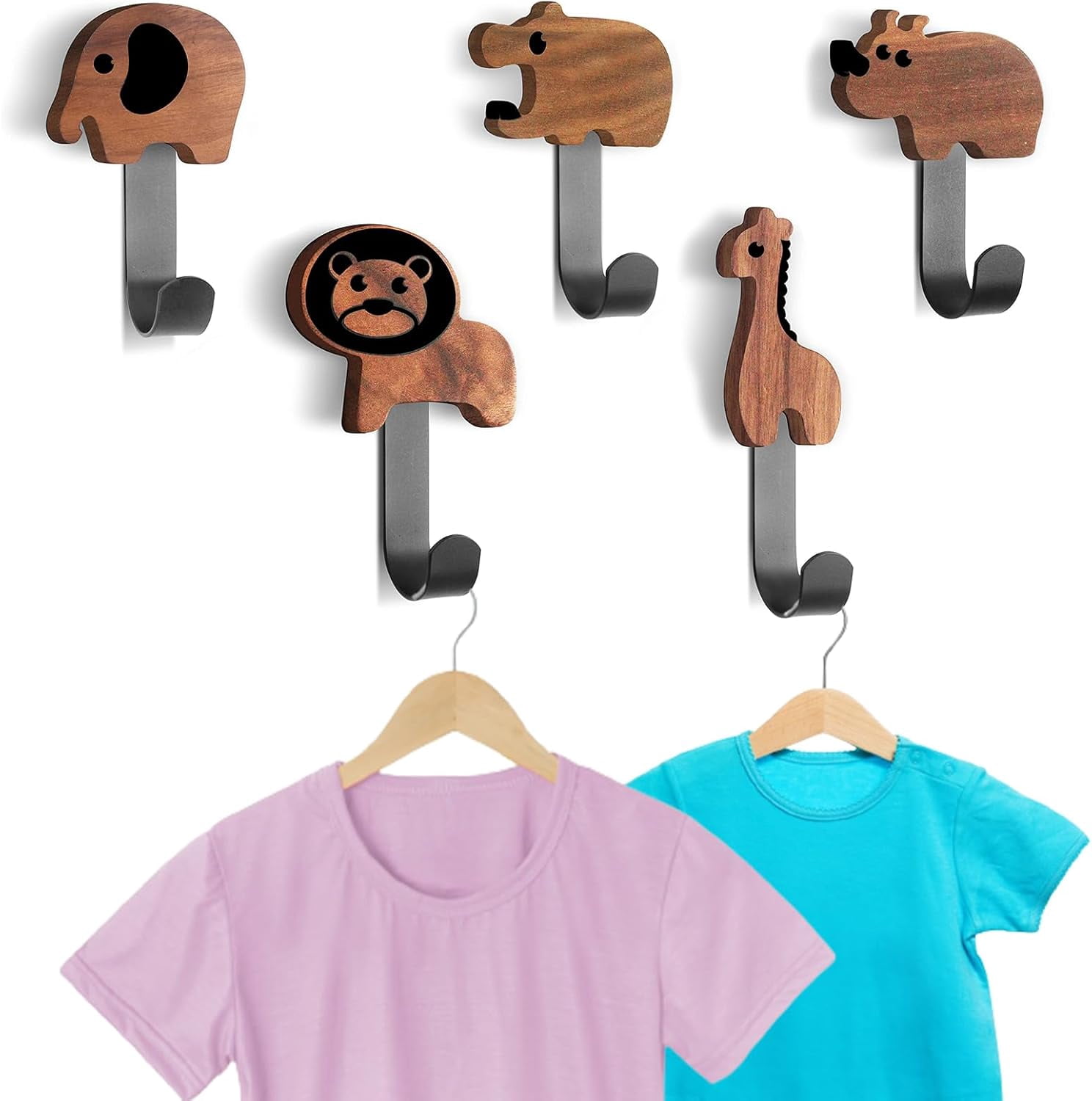 Xedatric 4 Pcs Safari Animal Wall Hooks - Wooden Jungle Decor For Kids Room, Lion Giraffe Elephant Zebra