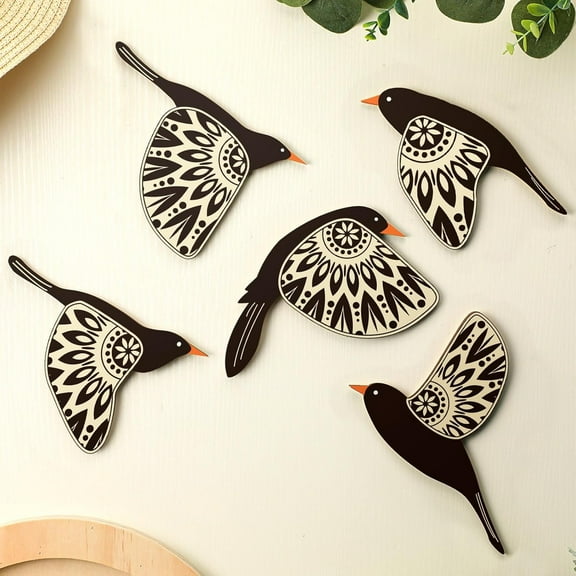 5 Pcs Wooden Bird Wall Art, Wood Flying Birds Wall Decor Scandinavian Home Decor for Gift Living Room Bedroom Kitchen Office(Black)