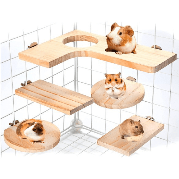 5 Pcs Wooden Chinchilla Cage Platforms Set, Wood Shelves for Rat Cage with 10.6 x 7.5 in L-Shaped Shelf and 4.4 in Corner Ledges, Small Animal Climbing Steps for Hamster Squirrel Sugar Glider Parrot