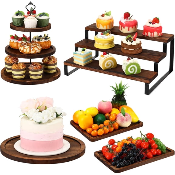 5 Pcs Wooden Cupcake Stand Set 3 Tiered Display Shelf Round Rotatable Cupcake Stand Cake Tower Wood Rectangle Cake Tray for Dessert Table, Festivals, Wedding Party (Dark Color)