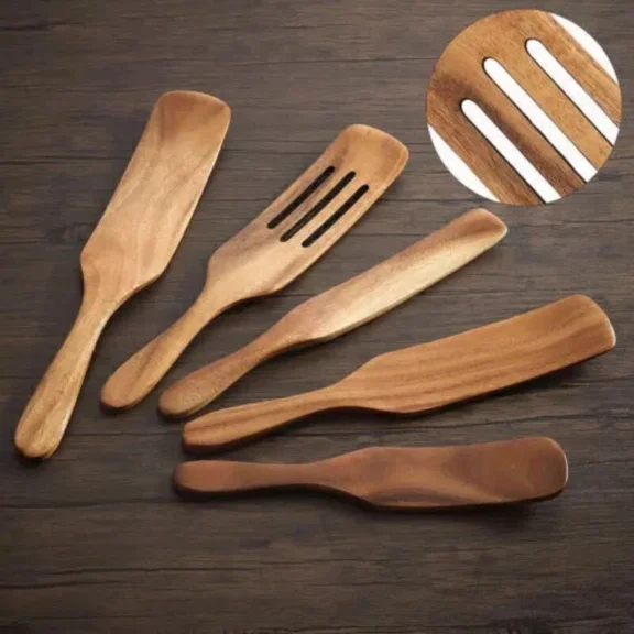 5 Pcs Wooden Spoon Spatula Bamboo Set Kitchen Cooking Mix Non-Stick Tools Us