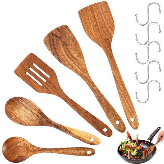 5 Pcs Wooden Utensil Set with Hook Wooden Spoon for Cooking Wood Cooking Utensil Set Comfort Grip Non Stick Cookware Easy to Clean Kitchen Stuff Wood Spatula