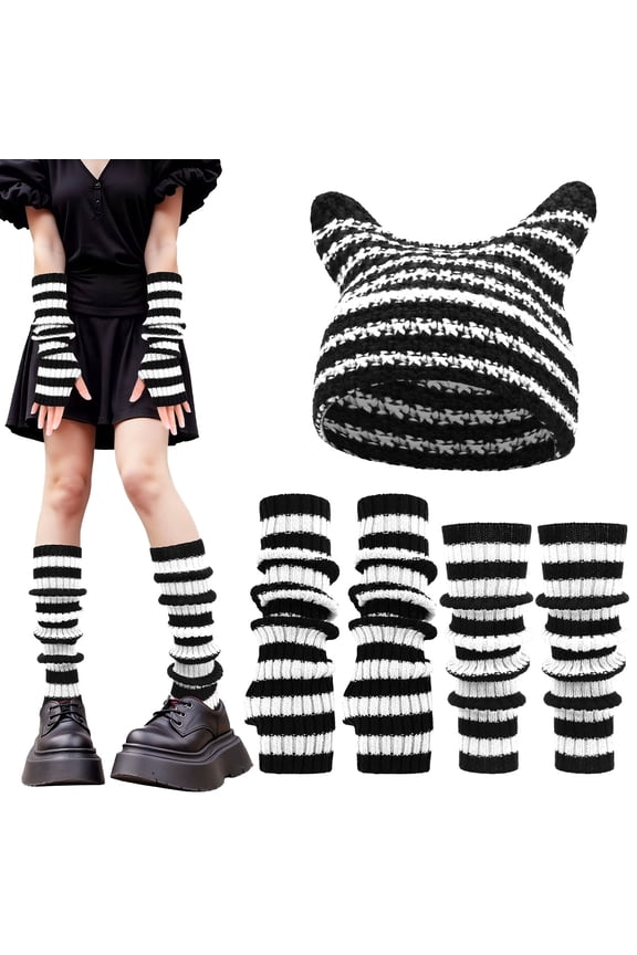 5 Pcs Y2k Beanie Hats Set for Women, Cute Knitted Striped Arm Warmers Leg Warmers 80s Crochet Cat Ear Beanie Grunge Accessories