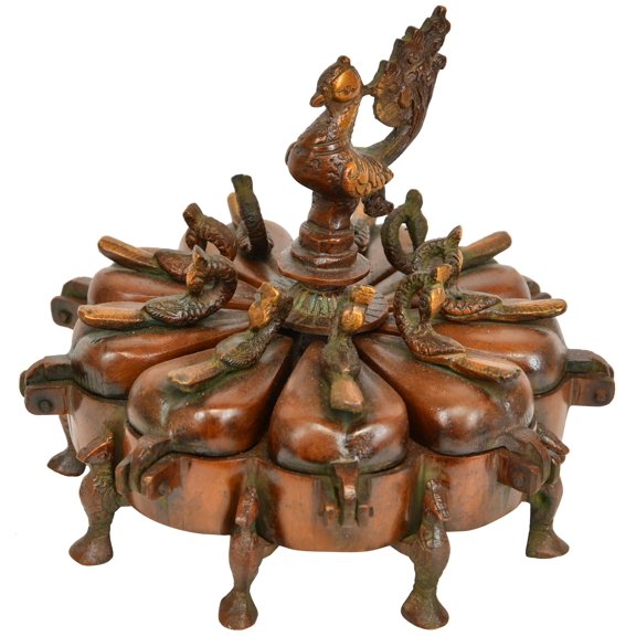 5 Inch Brass Peacock Ritual Box - Handmade Housewarming Gift with Lids