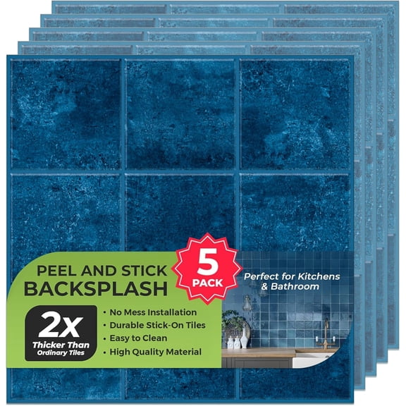 5  Peel and  Backsplash Square Tiles, Extra Thick  Wall Panels, Heat & Water Resistant, Easy DIY Kitchen, Bathroom, Laundry, Fireplace & Rental  Wall Decor (12 x 12 in), Blue
