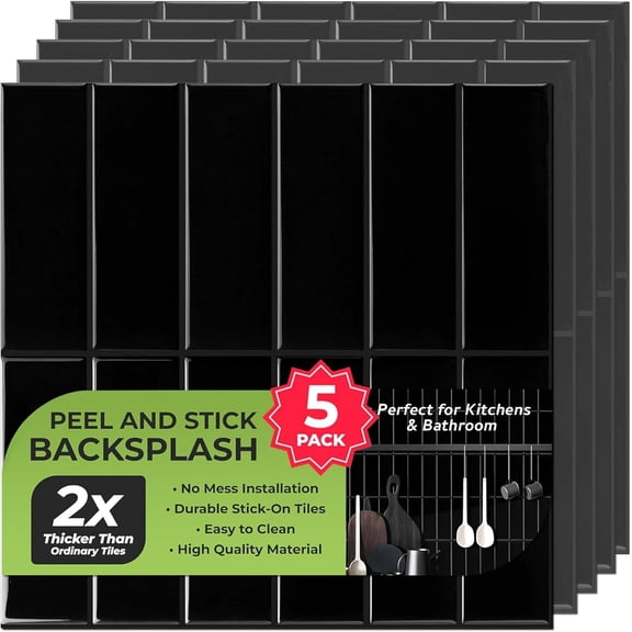 5  Peel and  Backsplash Subway Tiles, Extra Thick  Wall Panels, Heat & Water Resistant, Easy DIY Kitchen, Bathroom, Laundry, Fireplace & Rental  Wall Decor (12 x 12 in), Black