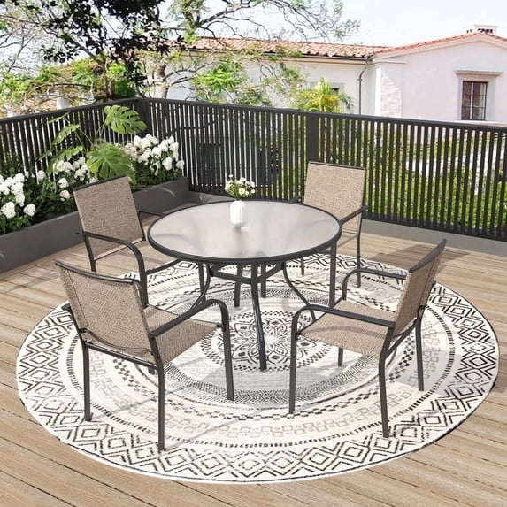5-Peices Outdoor Patio Dining Set Stacking Chairs and Round Glass Table Furniture Set for 4 Person