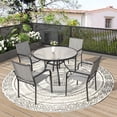 thumbnail image 1 of 5-Peices Outdoor Patio Dining Set Stacking Chairs and Round Glass Table Furniture Set for 4 Person, 1 of 7