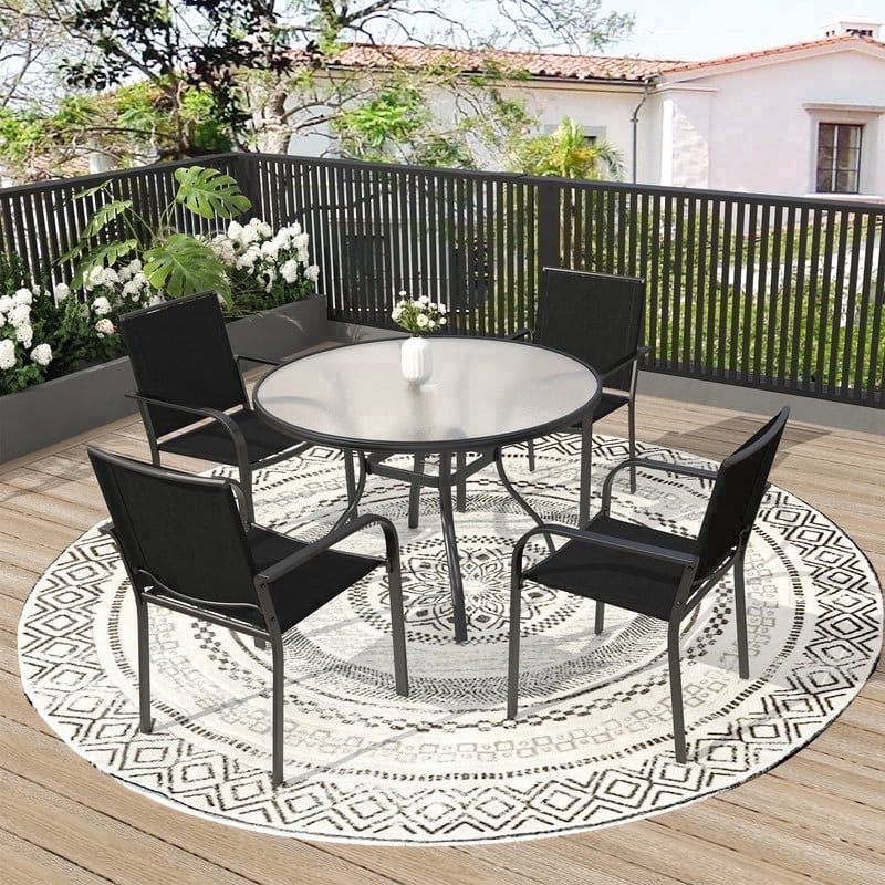 5-Peices Outdoor Patio Dining Set Stacking Chairs and Round Glass Table Furniture Set for 4 Person