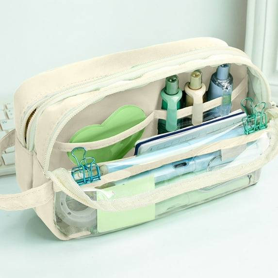 Under $5 Pen Bag, Large Capacity Pencil Pouch Multiple Compartment Double Zipper Pencil Pouch Pencil Pouch Beautiful Pouch Cute Stationery Bag for Students Adults Office, Back to College(White)