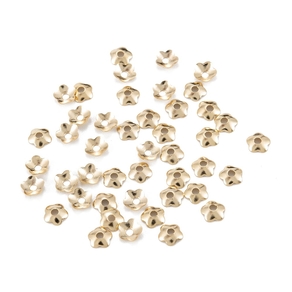 5-Petal Brass Bead Cap Long-Lasting Plated Rack Plating Flower Real 14K Gold Plated 4x1mm Hole: 1.2mm