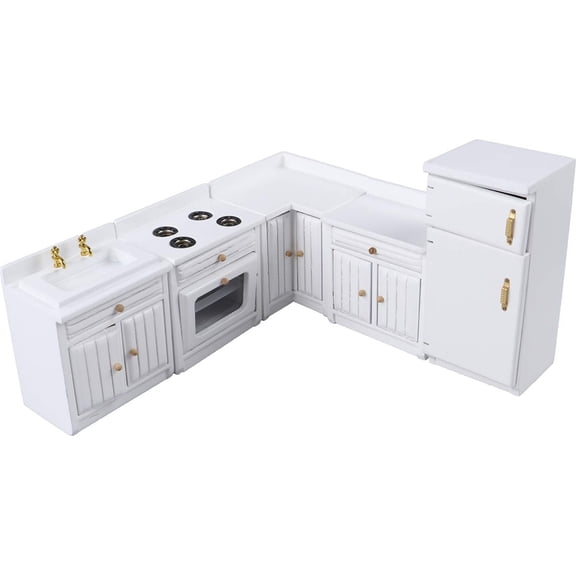 5-Piece 1:12 Dollhouse Kitchen Furniture Set, Wooden Miniature Cabinets & Fridge