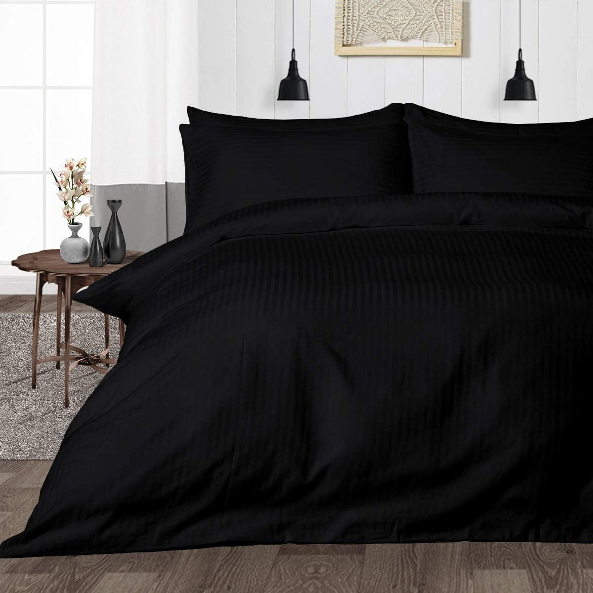 5 Piece 100% Egyptian Cotton Duvet Cover Set with Zipper Closure - Luxury Soft & 400TC Comforters & Duvets Cover- Hotel Style Silky Bedding Collection - Black Stripe, Twin Size.
