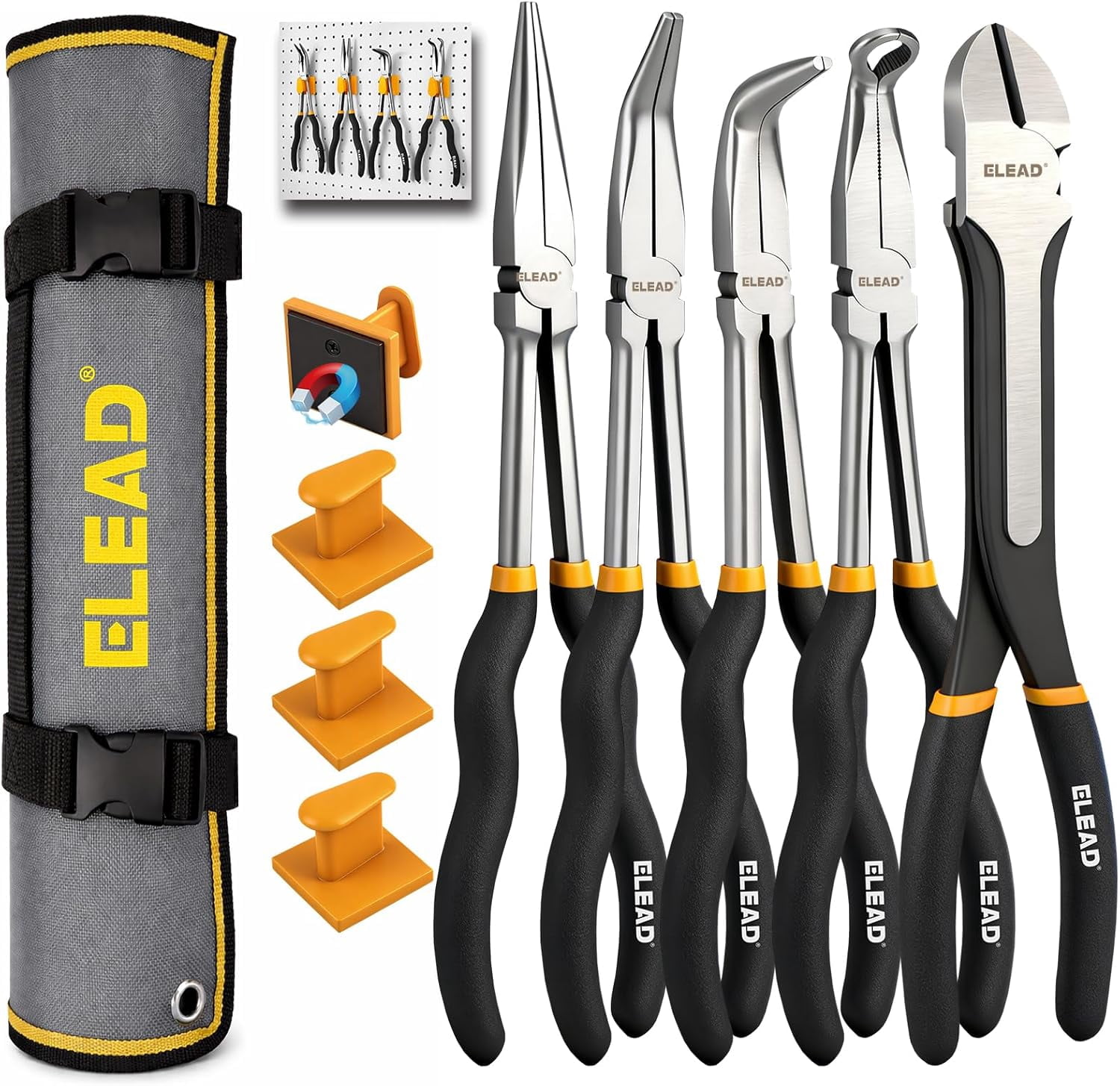5-Piece 11 Inch Long Needle Nose Set with 4 Magnetic Plier Racks, Extra Long Reach Set, 45° & 90° Bent Needle Nose , Circle Nose and Diagonal for Tight Spaces