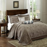 5 Piece 120 X 118 Oversized Blue Brown King Bedspread To The Floor Set, Extra Long Jacquard Paisley Bedding Xtra Wide Drops Over Edge Frame, Drapes Down Sides Hangs Over Bed, Polyester