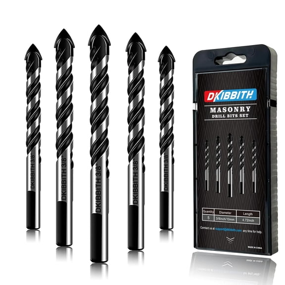 5-Piece 3/8 Masonry Drill Bits for Tile Glass Ceramic Wall Brick Stone Soft-Metal Wood, 3/8 Inch Concrete Drill Bits Cement Drill Bit Set, 3-Flat Shank, YG8 Carbide Tungsten Steel Alloy Tip 10mm