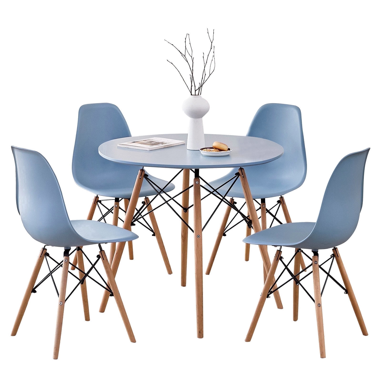 5 Piece 31.5'' Round Dining Table Set for 4, Kitchen Table & Chairs Set of 4, Mid-Century Modern Table W/ 4 Chairs for Home, Living Room, Apartment, Wood Legs, Metal Frame, Blue