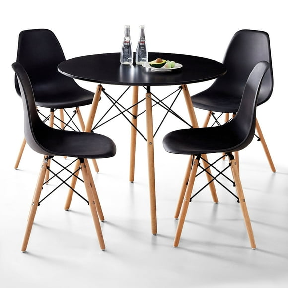 5 Piece 31.5'' Round Dining Table Set for 4, Kitchen Table & Chairs Set of 4, Mid-Century Modern Table W/ 4 Chairs for Home, Living Room, Apartment, Wood Legs, Metal Frame, Black