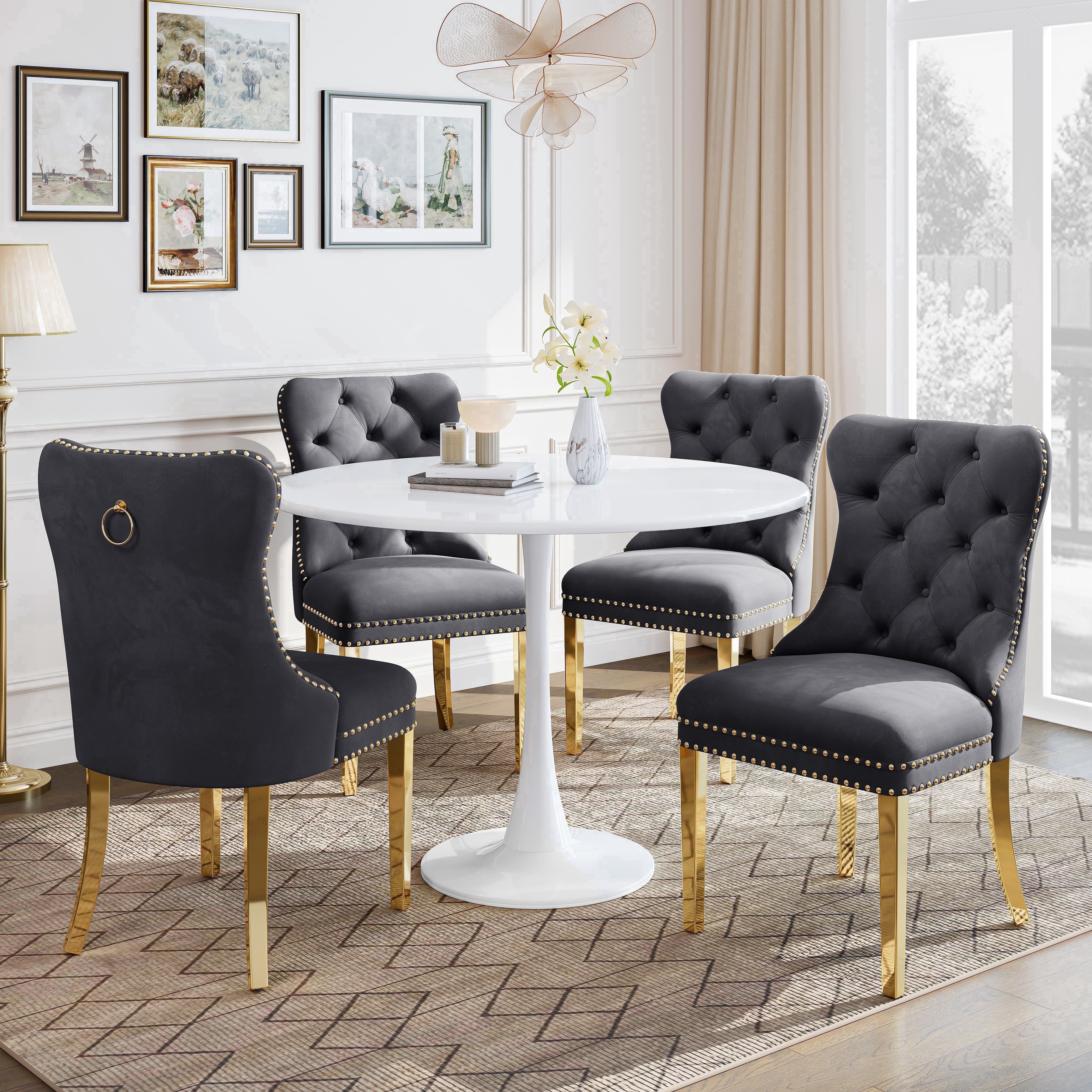 5-Piece 31.5" Round Dining Table Set, Mid-Century Modern All-Metal Kitchen Table with Velvet Nailhead Trim Chairs & Stainless Steel Legs, for 4, Small Spaces, Apartments, Living Room