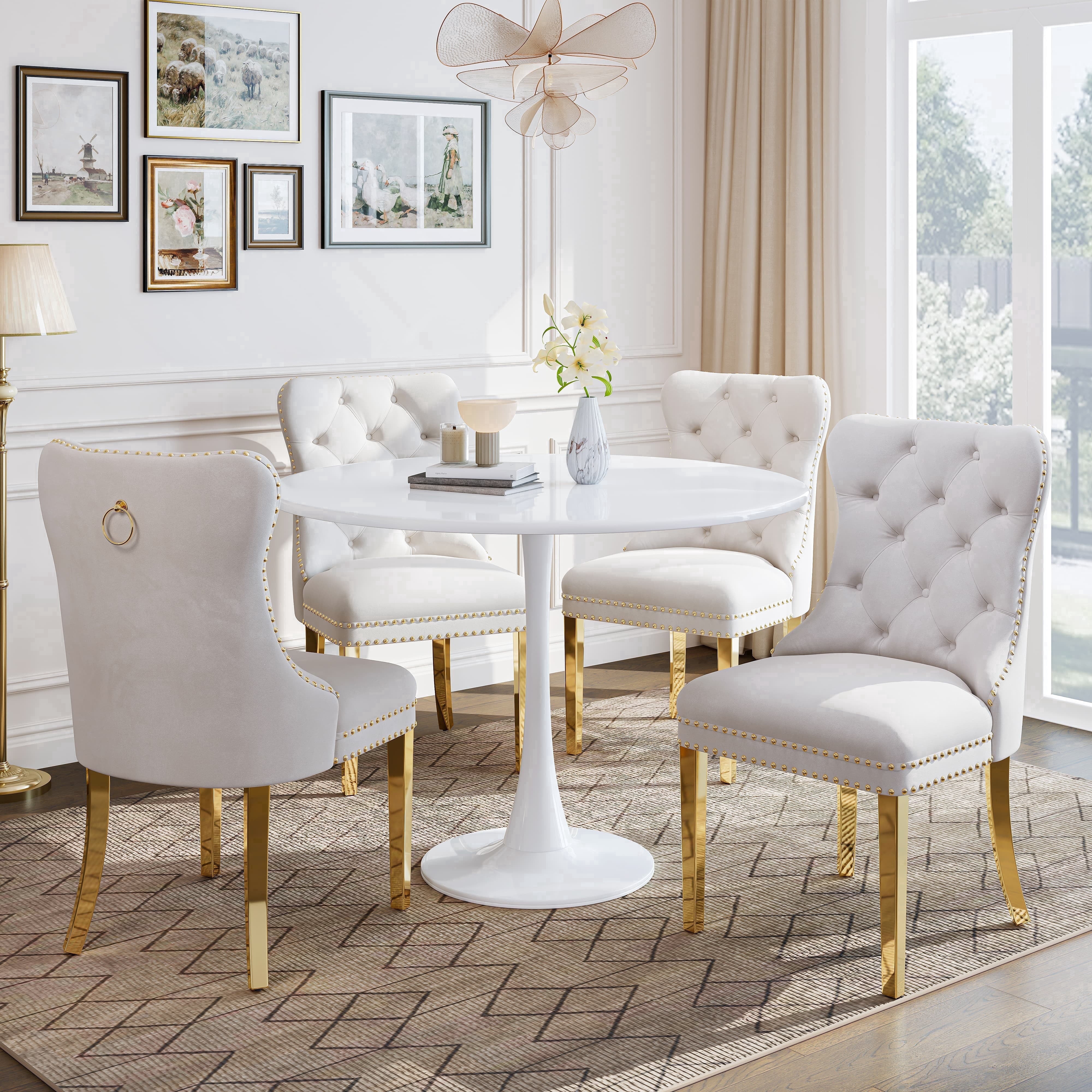 5-Piece 31.5" Round Dining Table Set, Mid-Century Modern All-Metal Kitchen Table with Velvet Nailhead Trim Chairs & Stainless Steel Legs, for 4, Small Spaces, Apartments, Living Room