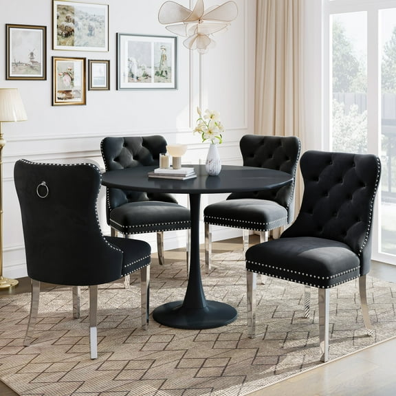 5-Piece 31.5" Round Dining Table Set, Mid-Century Modern All-Metal Kitchen Table with Velvet Nailhead Trim Chairs & Stainless Steel Legs, for 4, Small Spaces, Apartments, Living Room