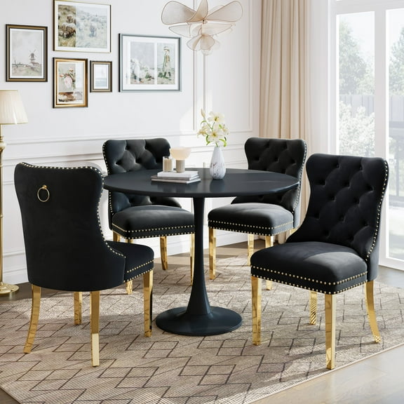 5-Piece 31.5" Round Dining Table Set, Mid-Century Modern All-Metal Kitchen Table with Velvet Nailhead Trim Chairs & Stainless Steel Legs, for 4, Small Spaces, Apartments, Living Room