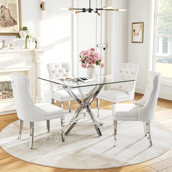 5-Piece Square Dining Table Set, 36" Tempered Glass Top & Stainless Steel Legs, 4 Velvet Chairs with Nailhead Trim, for Kitchen, Dining Room
