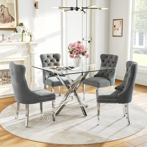 5-Piece Square Dining Table Set, 36" Tempered Glass Top & Stainless Steel Legs, 4 Velvet Chairs with Nailhead Trim, for Kitchen, Dining Room