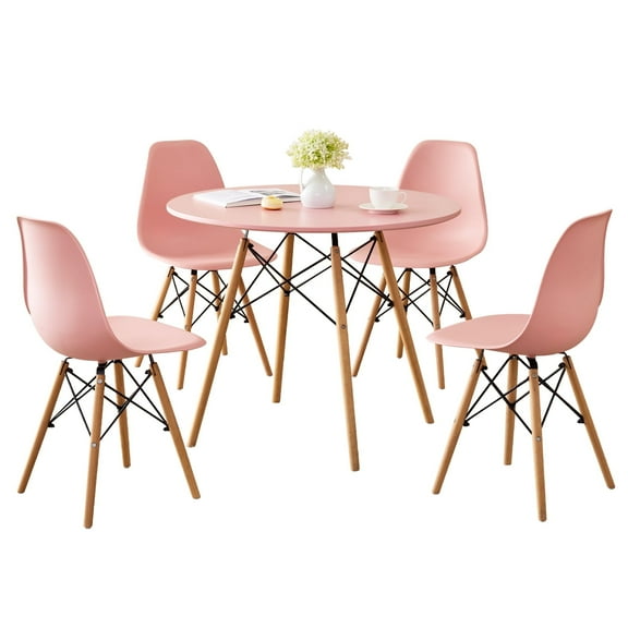 5-Piece 35.5'' Round Dining Table Set for 4, Kitchen Table Chair Set of 4, Mid-Century Modern Dinette Dining Room Table Set Dinner Table for 4 W/Solid Wood Legs, Pink