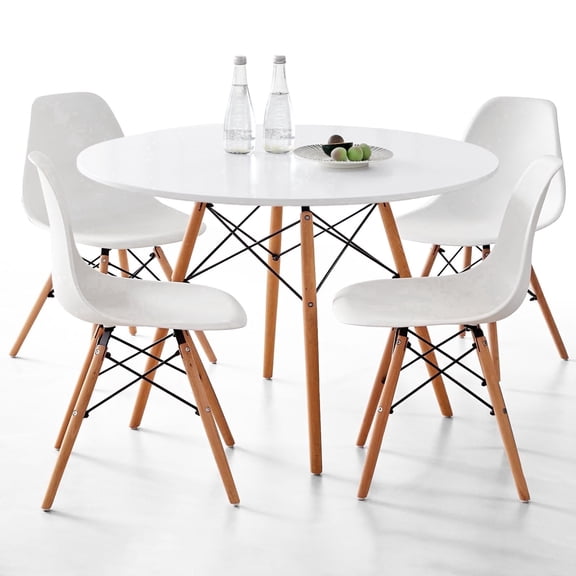 5-Piece 35.5'' Round Dining Table Set for 4, Kitchen Table Chair Set of 4, Mid-Century Modern Dinette Dining Room Table Set Dinner Table for 4 W/Solid Wood Legs, White