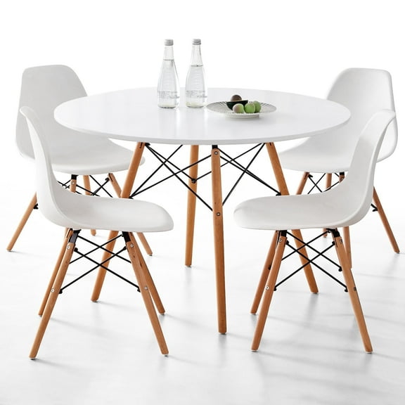 5-Piece 35.5'' Round Dining Table Set for 4, Kitchen Table Chair Set of 4, Mid-Century Modern Dinette Dining Room Table Set Dinner Table for 4 W/Solid Wood Legs, White