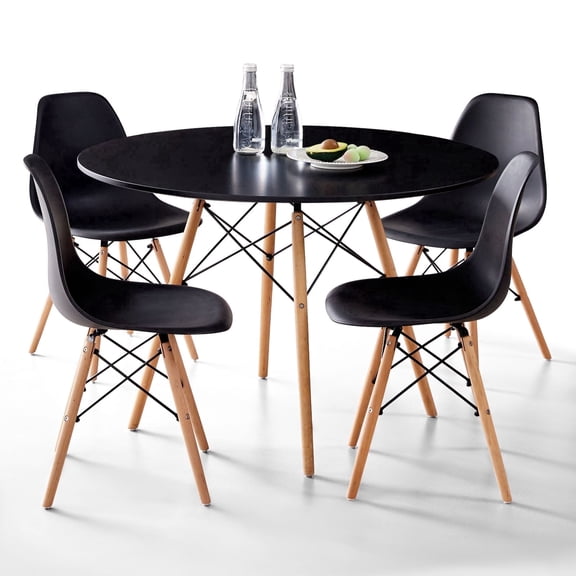 5 Piece 35.5'' Round Dining Table Set for 4, Kitchen Table & Chairs Set of 4, Mid-Century Modern Table W/ 4 Chairs for Home, Living Room, Apartment, Wood Legs, Metal Frame, Black