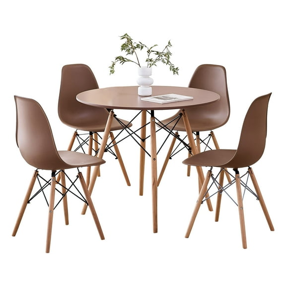 5 Piece 35.5'' Round Dining Table Set for 4, Kitchen Table & Chairs Set of 4, Mid-Century Modern Table W/ 4 Chairs for Home, Living Room, Apartment, Wood Legs, Metal Frame, Brown