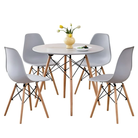 5 Piece 35.5'' Round Dining Table Set for 4, Kitchen Table & Chairs Set of 4, Mid-Century Modern Table W/ 4 Chairs for Home, Living Room, Apartment, Wood Legs, Metal Frame, Gray