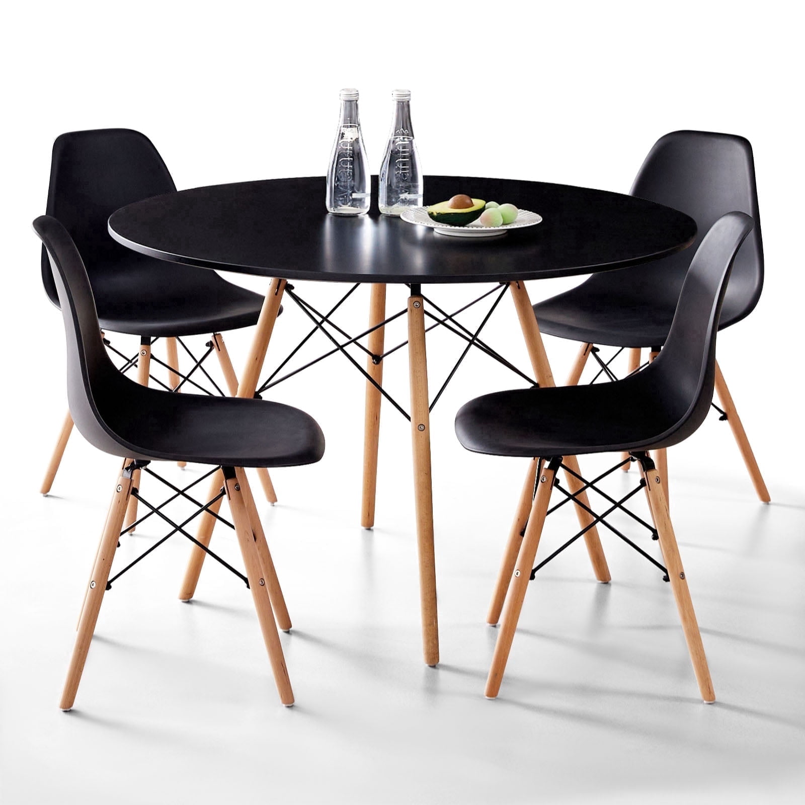 5 Piece 35.5'' Round Dining Table Set for 4, Kitchen Table & Chairs Set of 4, Mid-Century Modern Table W/ 4 Chairs for Home, Living Room, Apartment, Wood Legs, Metal Frame, Black