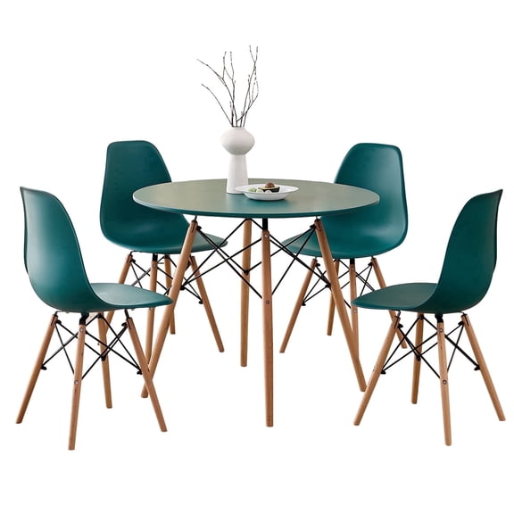5 Piece 35.5'' Round Dining Table Set for 4, Mid-Century Modern Table W/ 4 Chairs for Kitchen, Home, Living Room, Apartment, Wood Legs, Metal Frame, Plastic Seats, Green