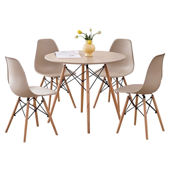 5 Piece 35.5'' Round Dining Table Set for 4, Kitchen Table & Chairs Set of 4, Mid-Century Modern Table W/ 4 Chairs for Home, Living Room, Apartment, Wood Legs, Metal Frame, Sand
